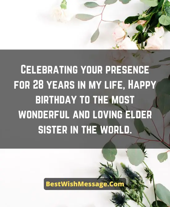 Birthday Wishes for Elder Sister Turning 28